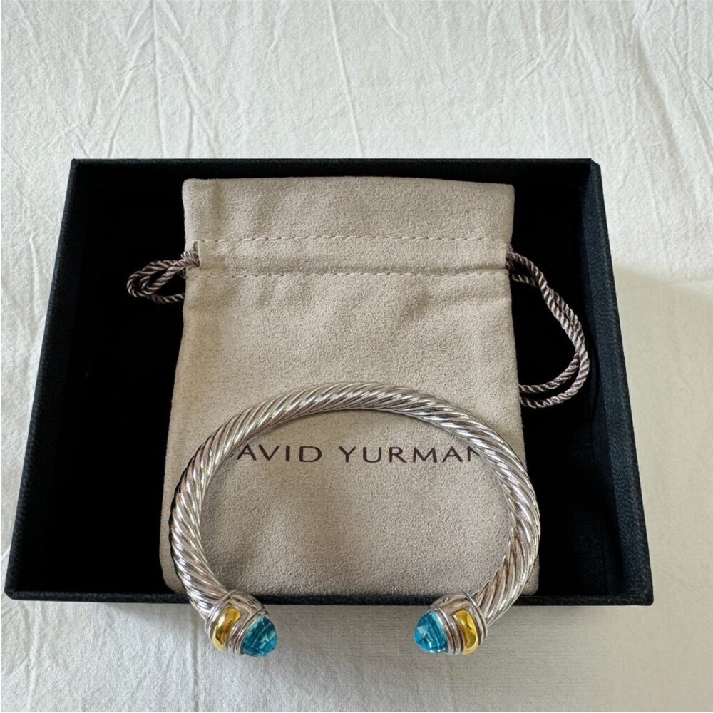 David Yurman Sterling Cable Cuff with Blue Topaz and Gold Accents 7mm